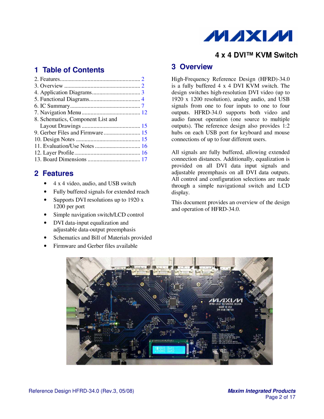 Maxim HFRD-34.0 manual Table of Contents, Features, Overview 