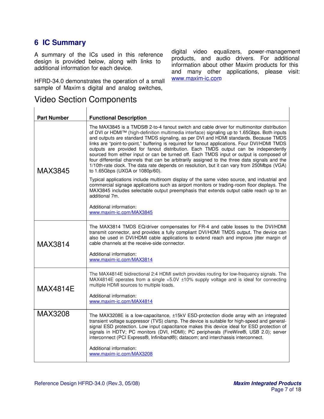 Maxim HFRD-34.0 manual Video Section Components, IC Summary 