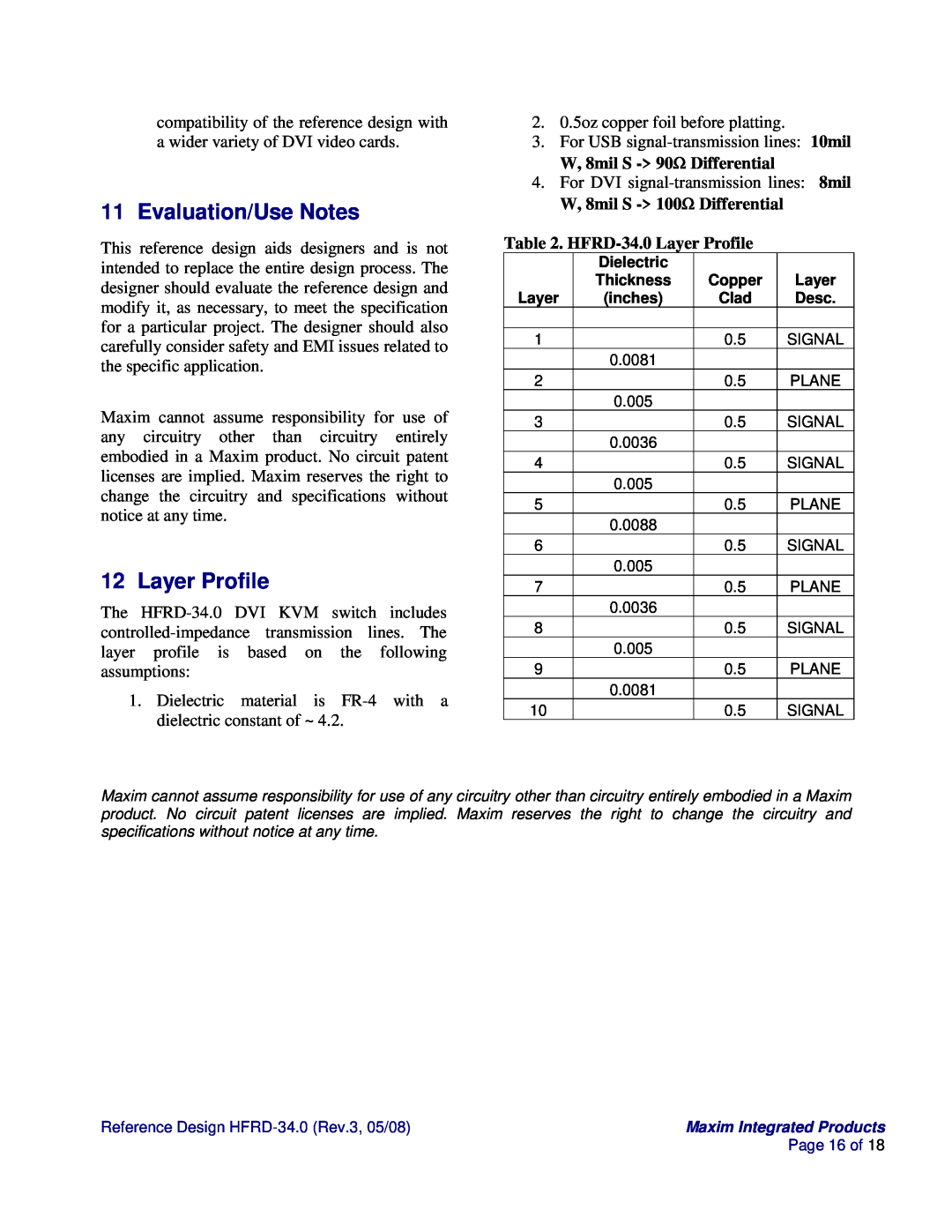 Maxim manual Evaluation/Use Notes, HFRD-34.0 Layer Profile 