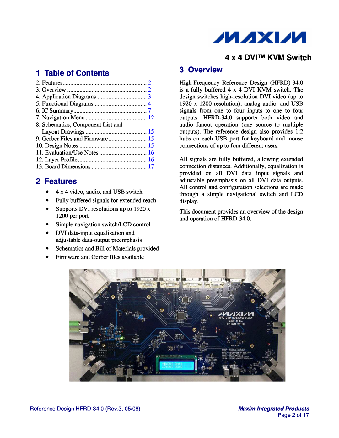 Maxim HFRD-34.0 manual Table of Contents, Features, Overview, 4 x 4 DVI KVM Switch 
