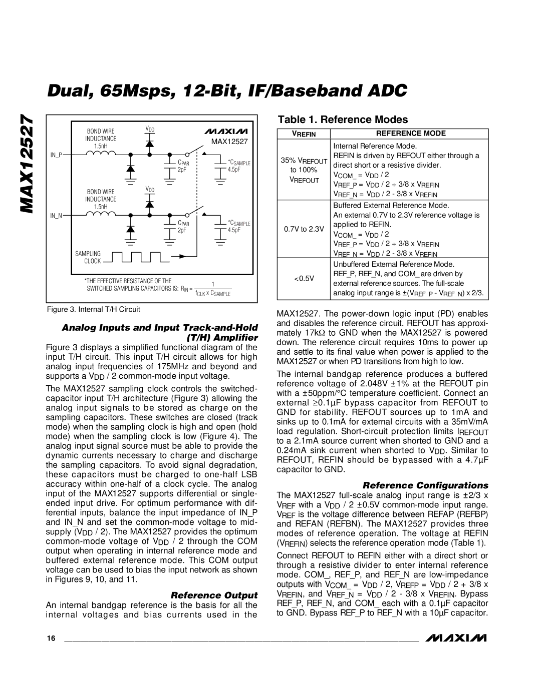 Maxim MAX12527 manual Analog Inputs and Input Track-and-Hold T/H Amplifier, Reference Output, Reference Configurations 