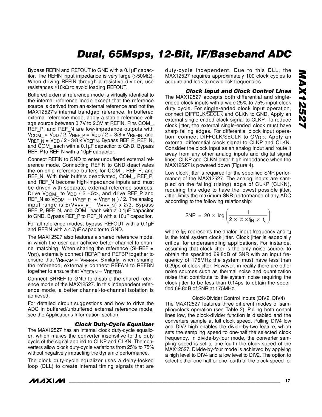 Maxim MAX12527 manual Clock Duty-Cycle Equalizer, Clock Input and Clock Control Lines 