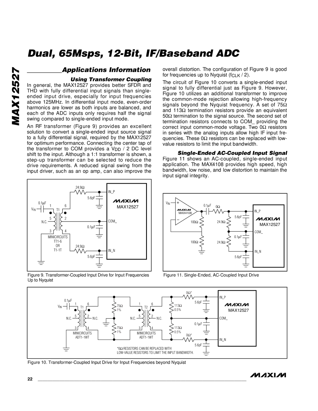 Maxim MAX12527 manual Applications Information, Using Transformer Coupling, Single-Ended AC-Coupled Input Signal 