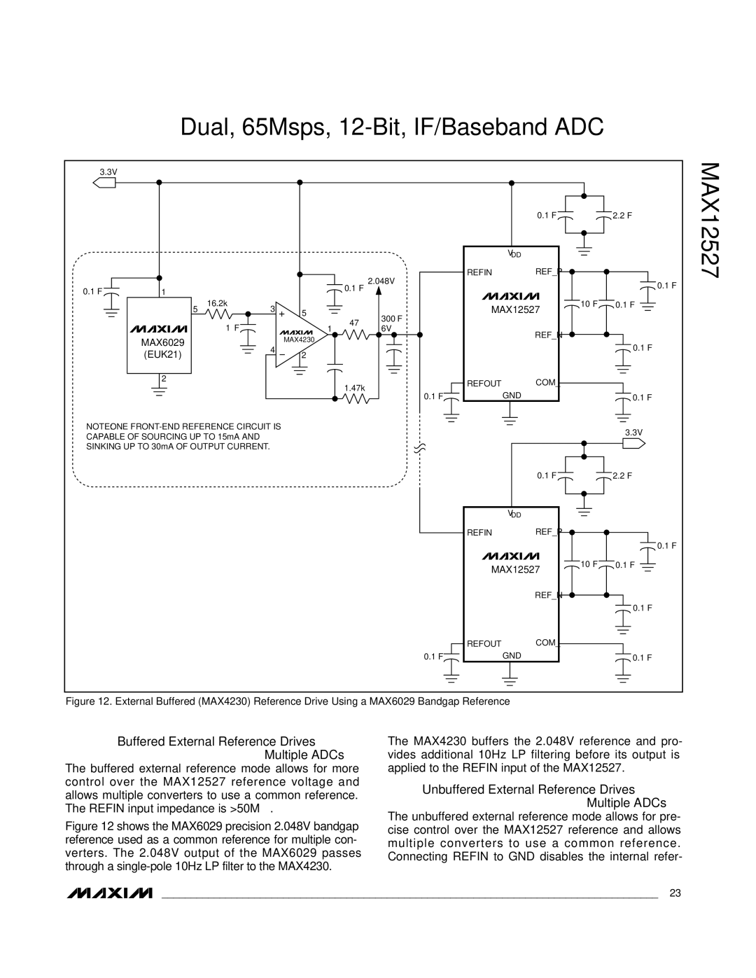 Maxim MAX12527 manual Buffered External Reference Drives Multiple ADCs, Unbuffered External Reference Drives Multiple ADCs 