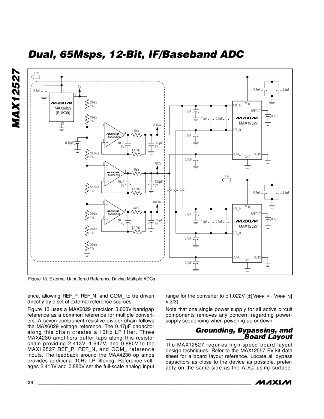 Maxim MAX12527 manual Grounding, Bypassing, and Board Layout 