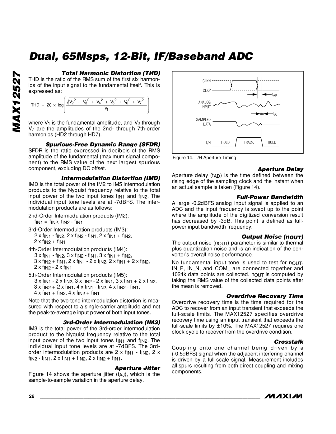 Maxim MAX12527 Total Harmonic Distortion THD, Spurious-Free Dynamic Range Sfdr, Intermodulation Distortion IMD, Crosstalk 