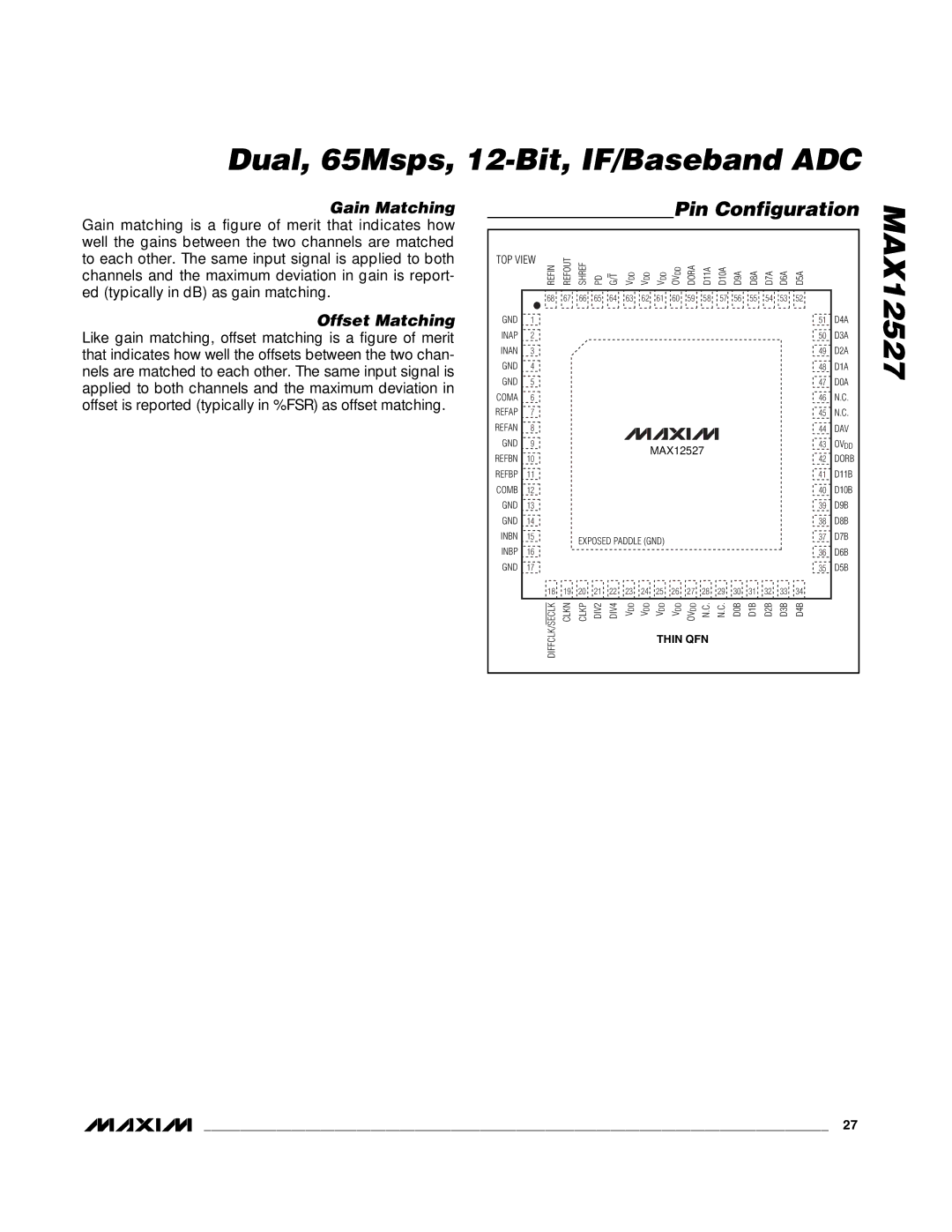 Maxim MAX12527 manual Pin Configuration, Gain Matching, Offset Matching 