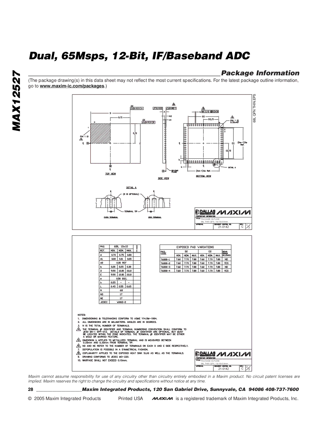 Maxim MAX12527 manual Package Information, 68L QFN THIN.EPS 