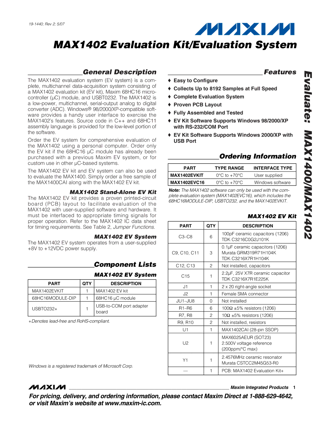 Maxim manual Component Lists, Ordering Information, MAX1402 Stand-Alone EV Kit, MAX1402 EV System 