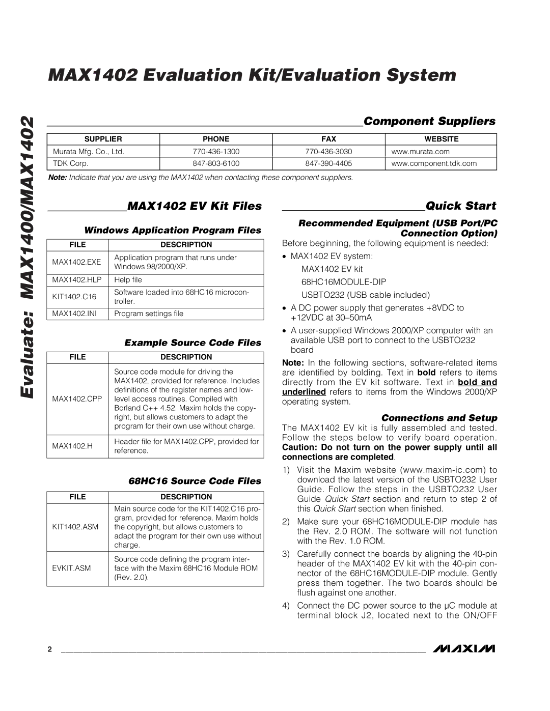 Maxim manual Component Suppliers, MAX1402 EV Kit Files, Quick Start 