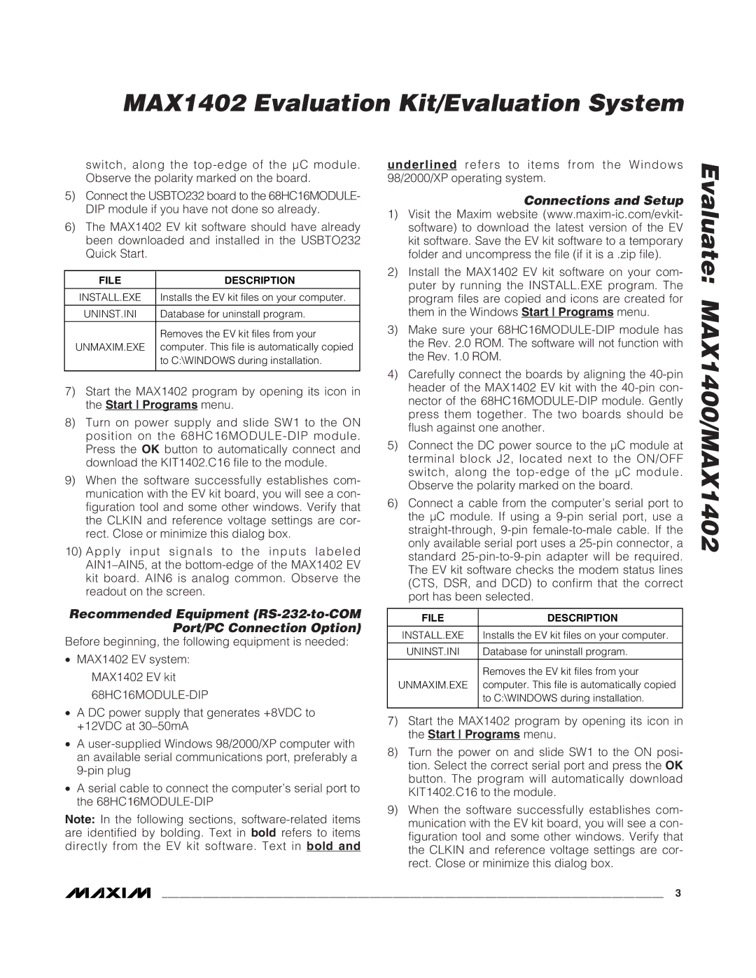 Maxim MAX1402 manual Connections and Setup, Install.Exe, Uninst.Ini, Unmaxim.Exe 