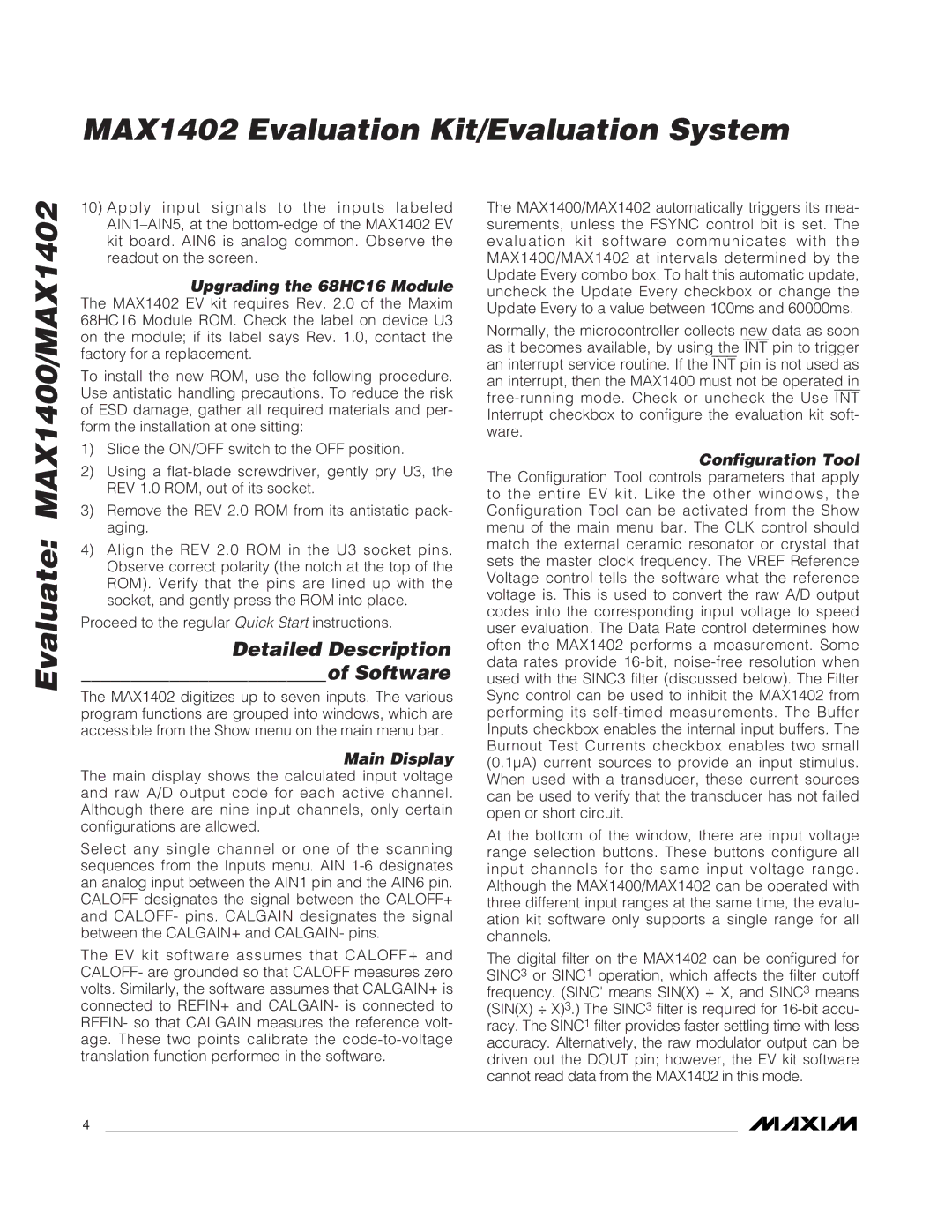 Maxim MAX1402 manual Upgrading the 68HC16 Module, Main Display, Configuration Tool 