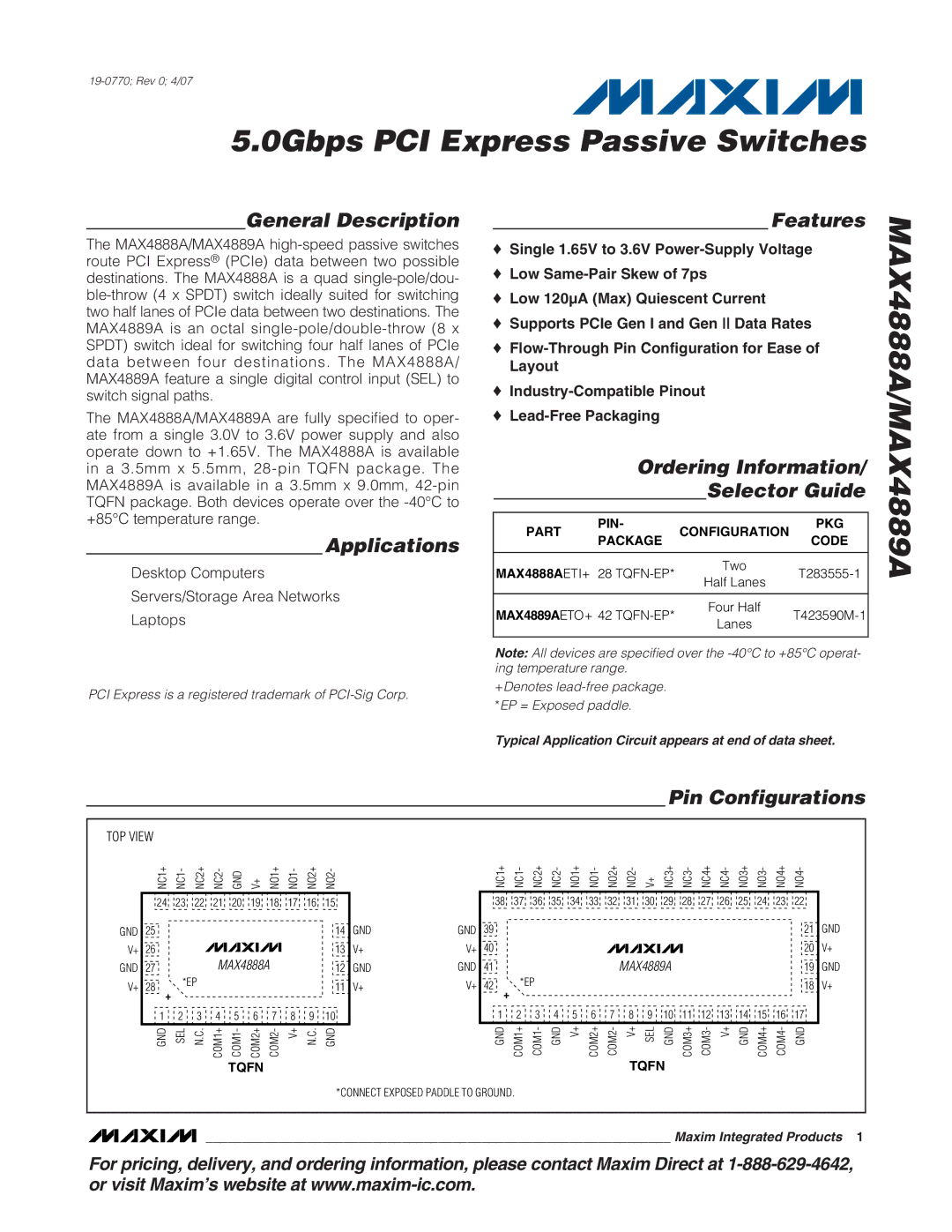 Maxim manual 0Gbps PCI Express Passive Switches, MAX4888A/MAX4889A 