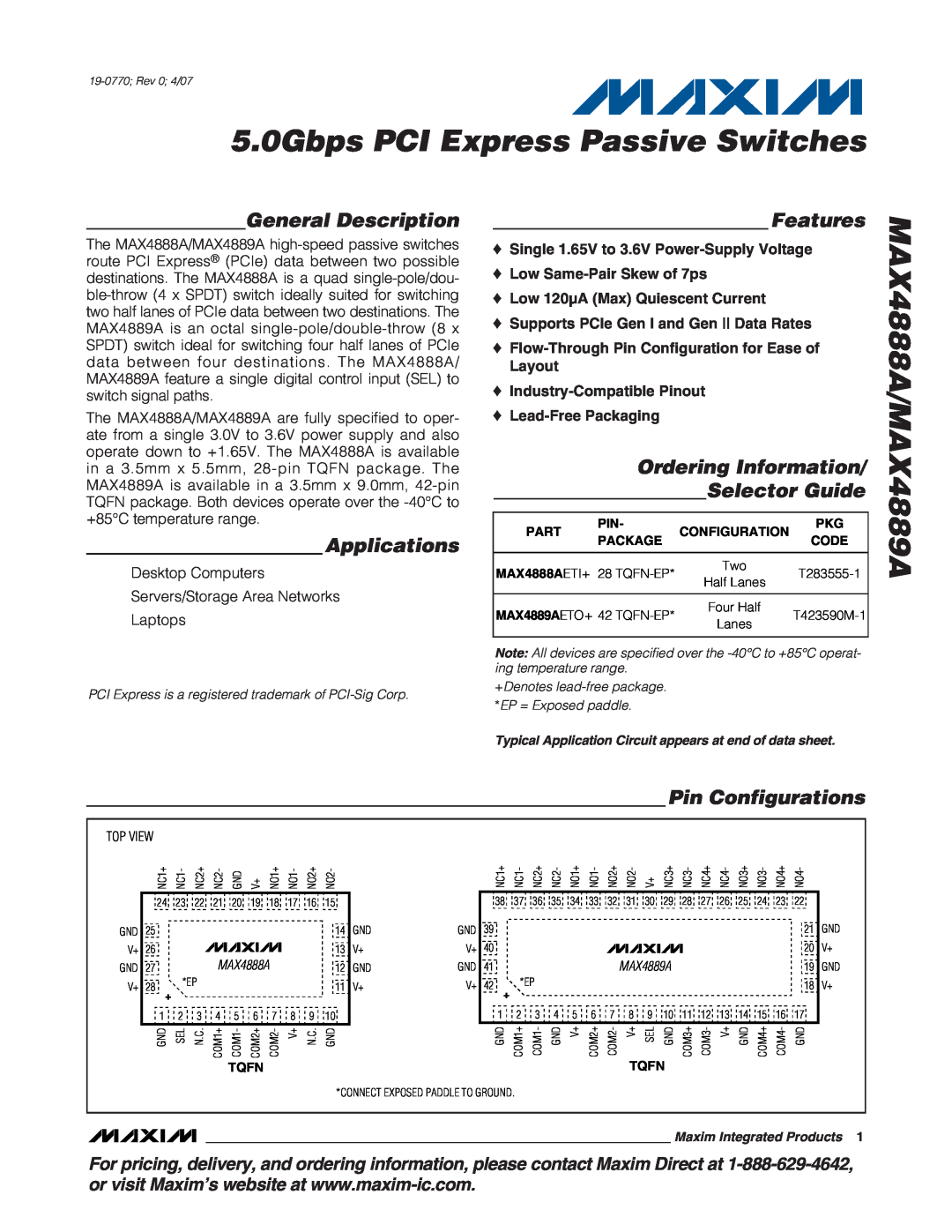 Maxim manual 5.0Gbps PCI Express Passive Switches, MAX4888A/MAX4889A, General Description, Applications, Features 