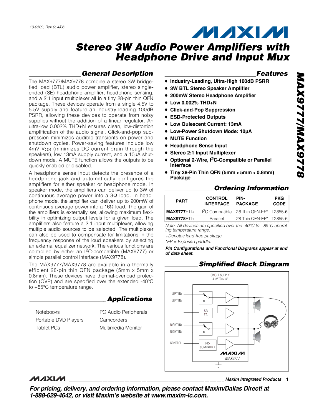 Maxim manual Part Control PIN PKG Interface Package Code MAX9777ETI+, MAX9778ETI+ 