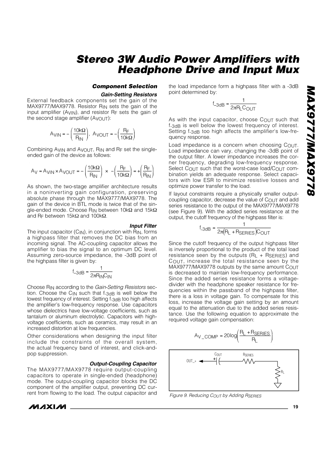 Maxim MAX9778, MAX9777 manual Component Selection, Reducing Cout by Adding Rseries 