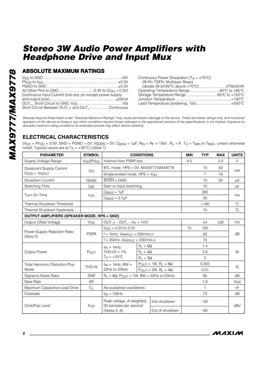 Maxim MAX9777, MAX9778 manual Parameter Symbol Conditions MIN TYP MAX Units, Output Amplifiers Speaker MODE, HPS = GND 