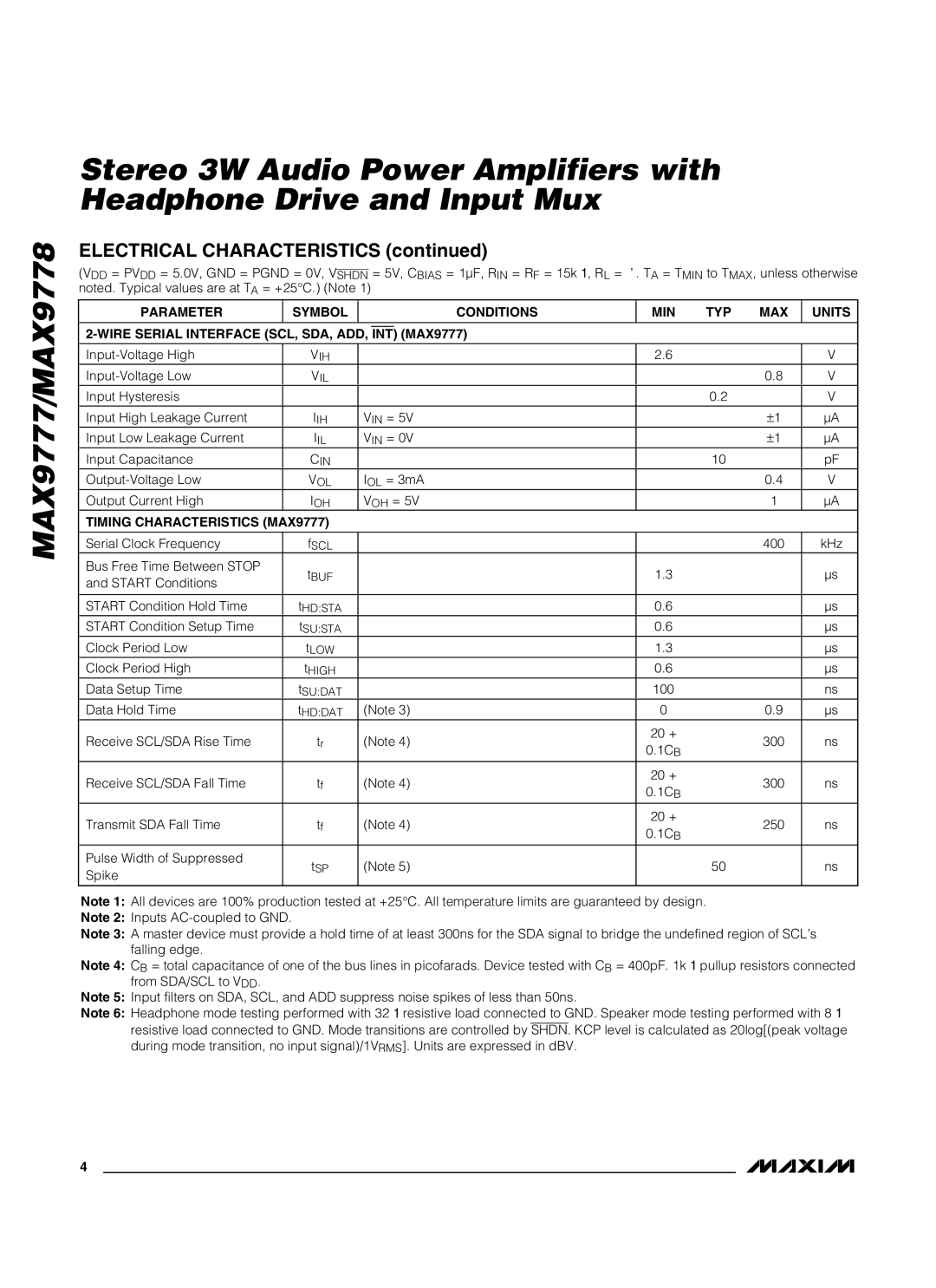 Maxim MAX9778 manual Timing Characteristics MAX9777 