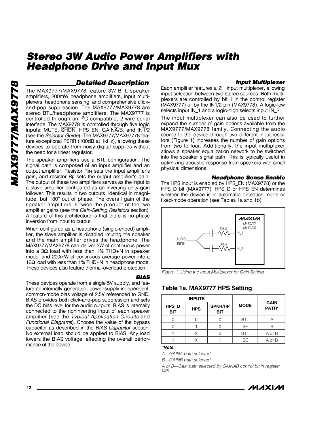 Maxim manual Detailed Description, a. MAX9777 HPS Setting, MAX9777/MAX9778 