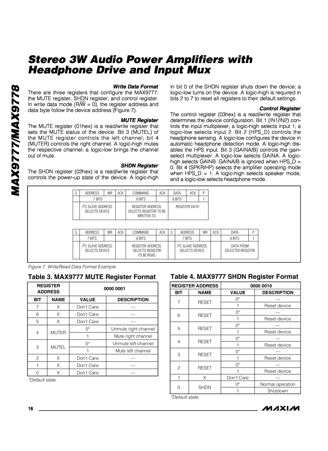 Maxim manual MAX9777 MUTE Register Format, MAX9777 SHDN Register Format, MAX9777/MAX9778 