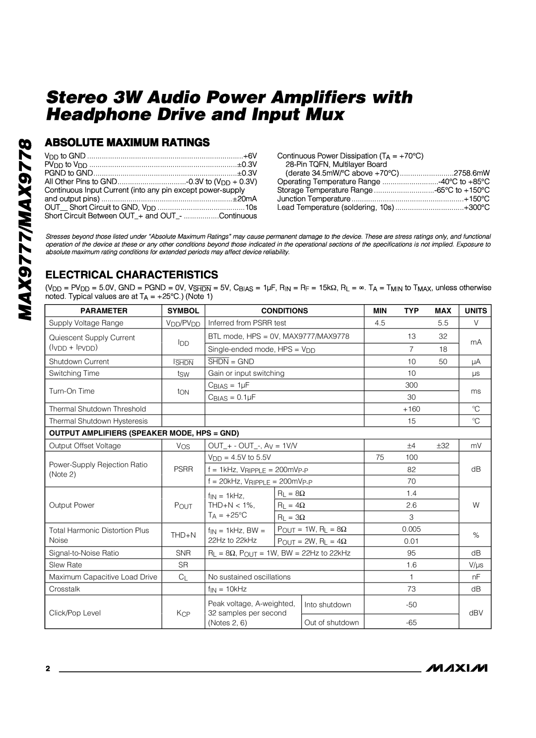 Maxim manual MAX9777/MAX9778, Absolute Maximum Ratings, Electrical Characteristics 