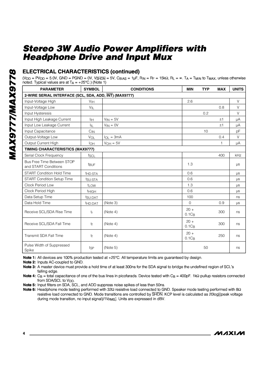 Maxim manual MAX9777/MAX9778, ELECTRICAL CHARACTERISTICS continued, Parameter 
