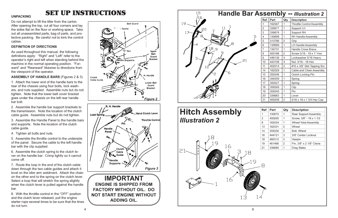 Maxim MS50B, MS30B, MS50BR Hitch Assembly, SET UP Instructions, Handle Bar Assembly -- Illustration, Part Qty Description 