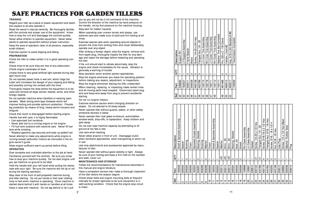 Maxim MS50B, MS30B, MS50BR Safe Practices For Garden Tillers, Training, Preparation, Operation, Maintenance And Storage 