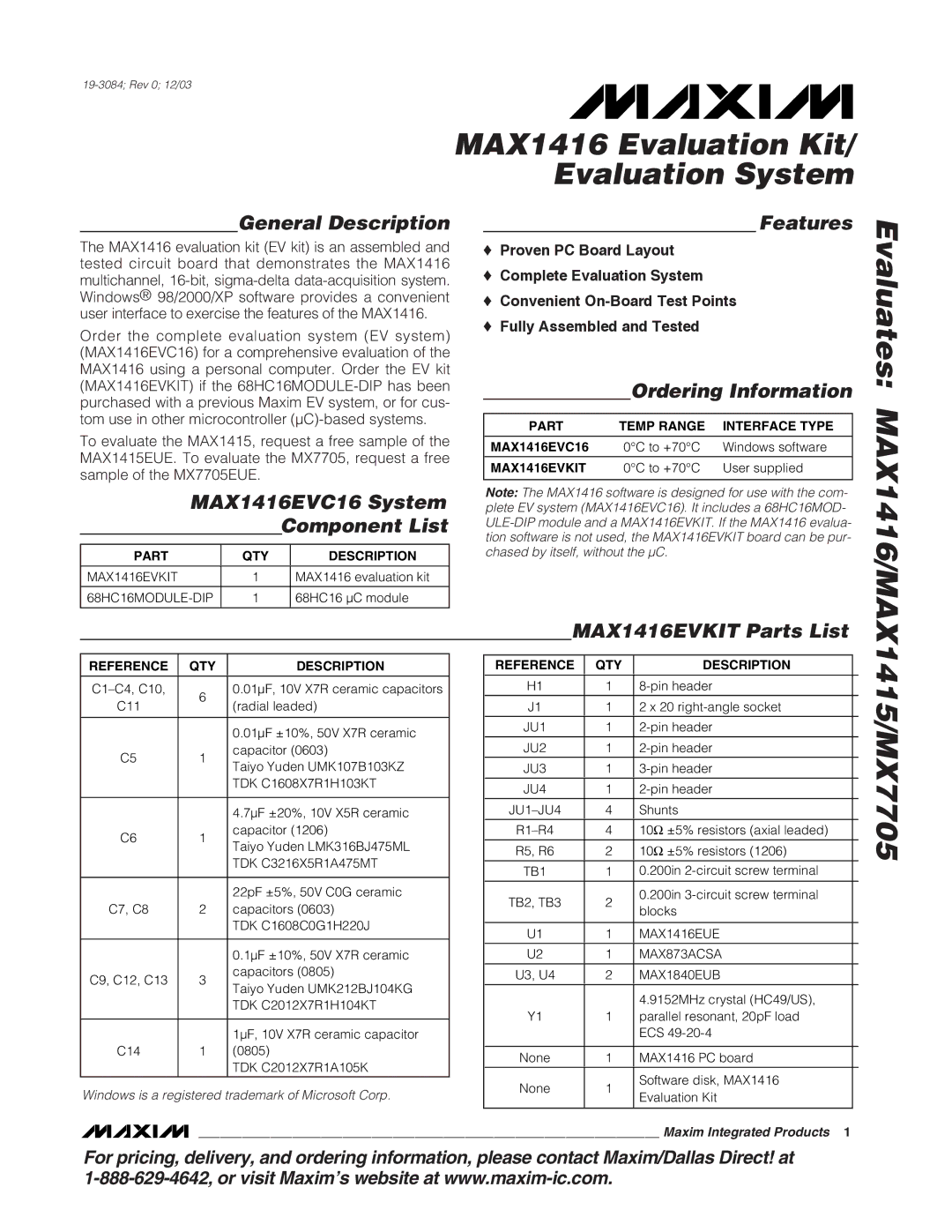 Maxim MAX1416EVC16, MX7705EUE, MAX1415EUE manual MAX1416 Evaluation Kit Evaluation System 