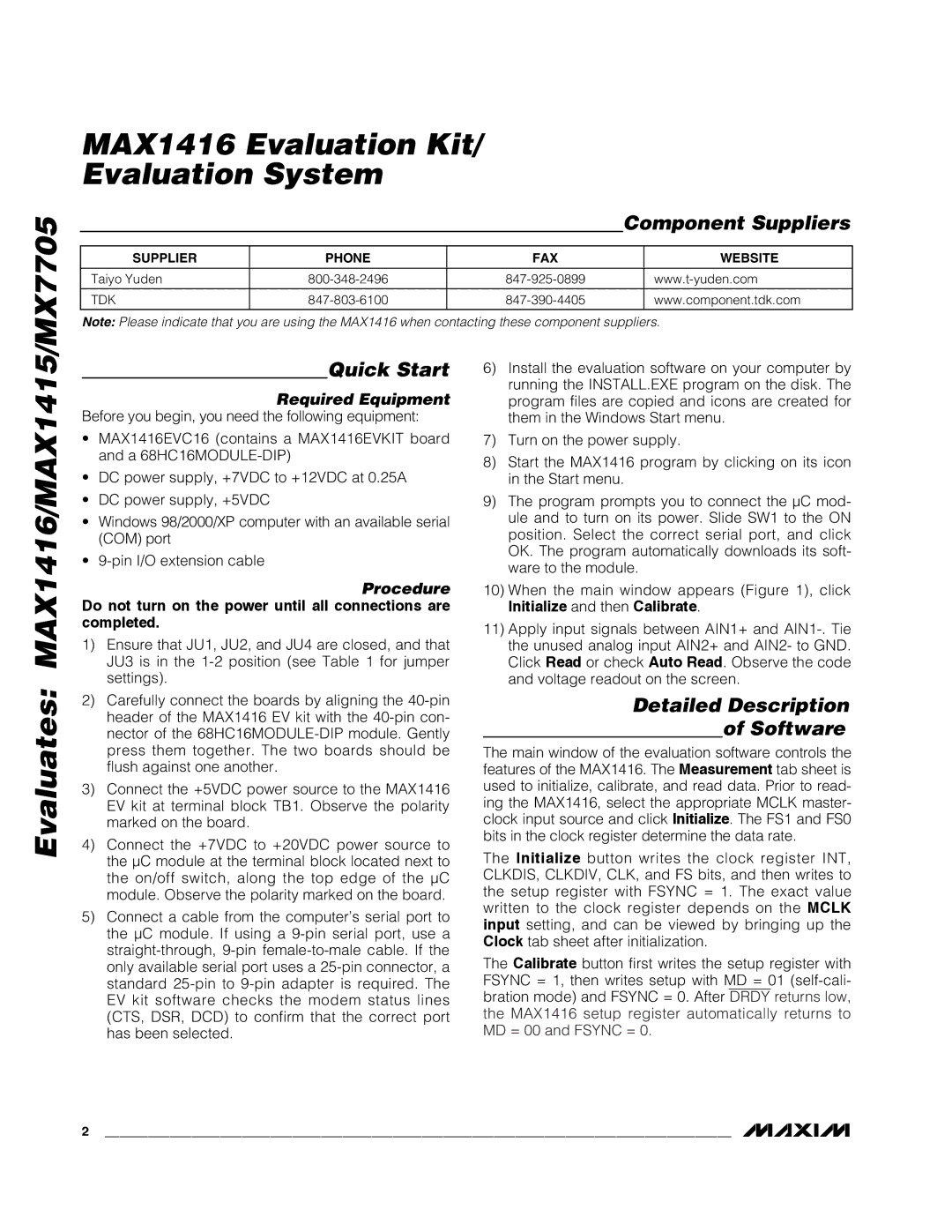 Maxim MAX1416EVC16, MX7705EUE, MAX1415EUE manual MAX1416 Evaluation Kit Evaluation System 