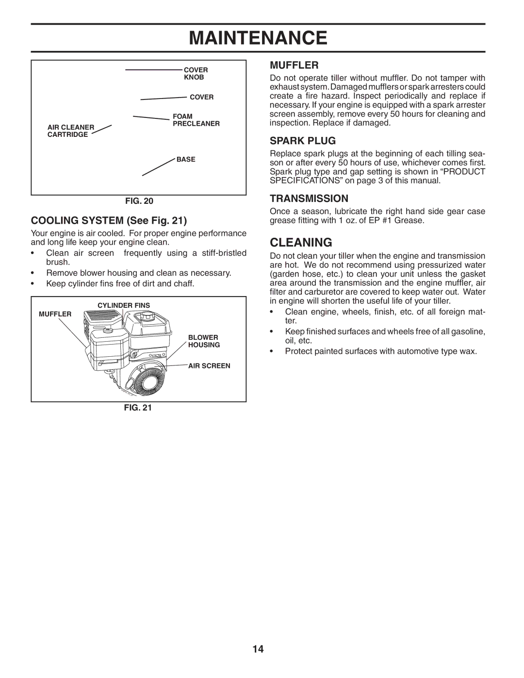 Maxim MXR500 owner manual Cleaning, Muffler, Spark Plug, Cooling System See Fig, Transmission 