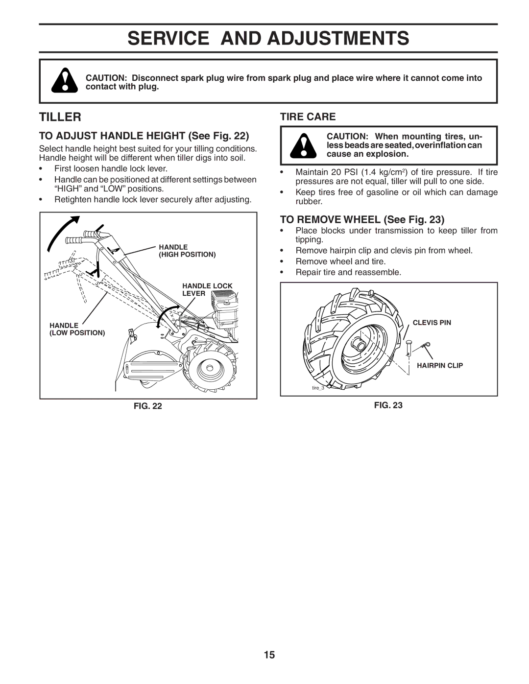 Maxim MXR500 Service and Adjustments, Tiller, To Adjust Handle Height See Fig, Tire Care, To Remove Wheel See Fig 