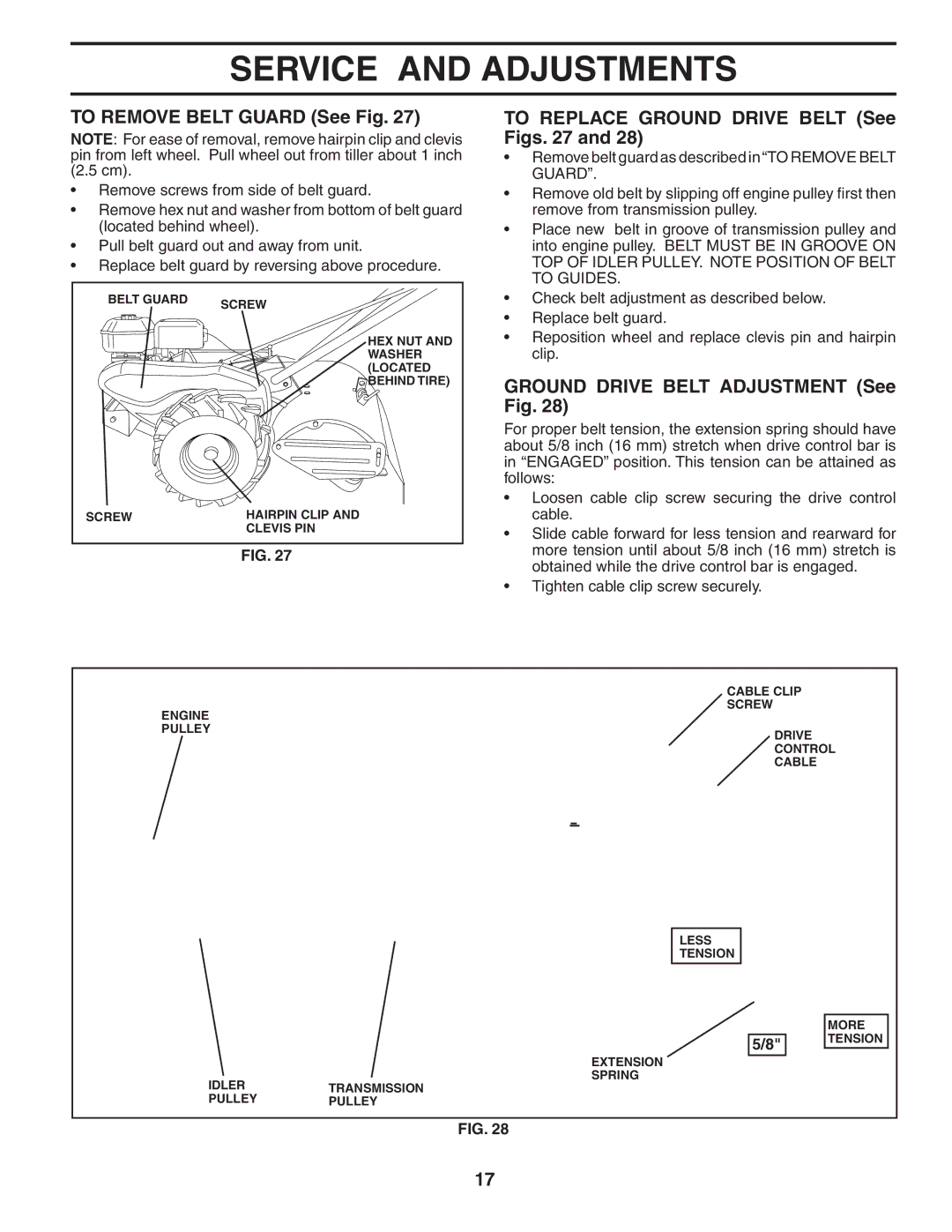 Maxim MXR500 To Remove Belt Guard See Fig, To Replace Ground Drive Belt See Figs, Ground Drive Belt Adjustment See Fig 