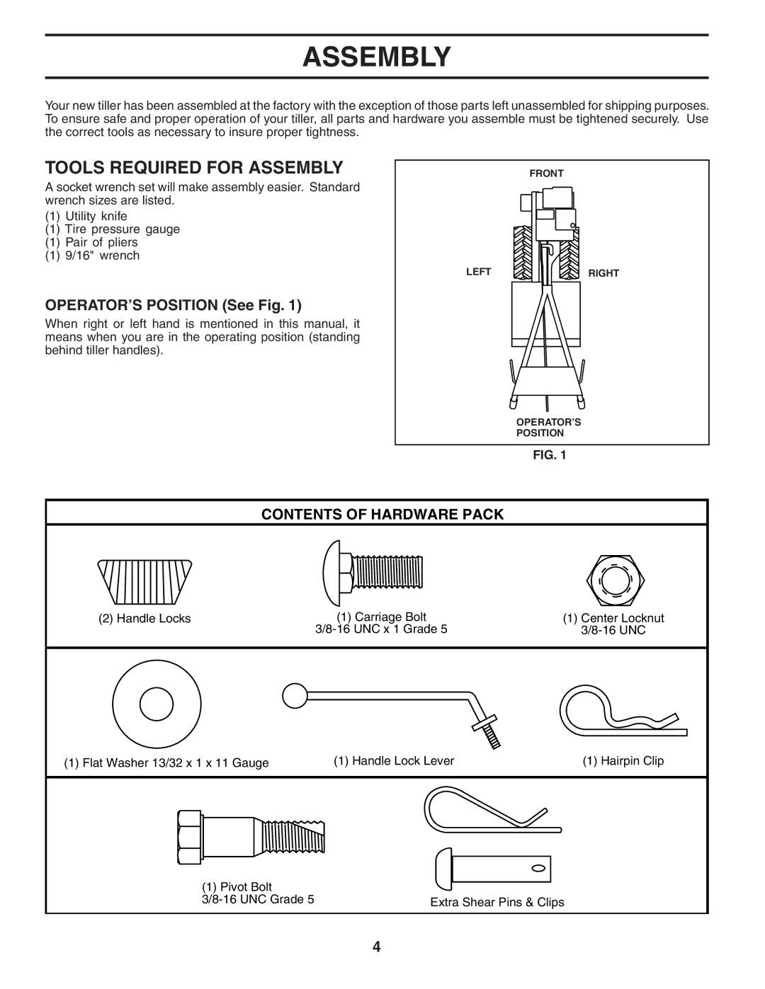 Maxim MXR500 owner manual Tools Required for Assembly, OPERATOR’S Position See Fig 