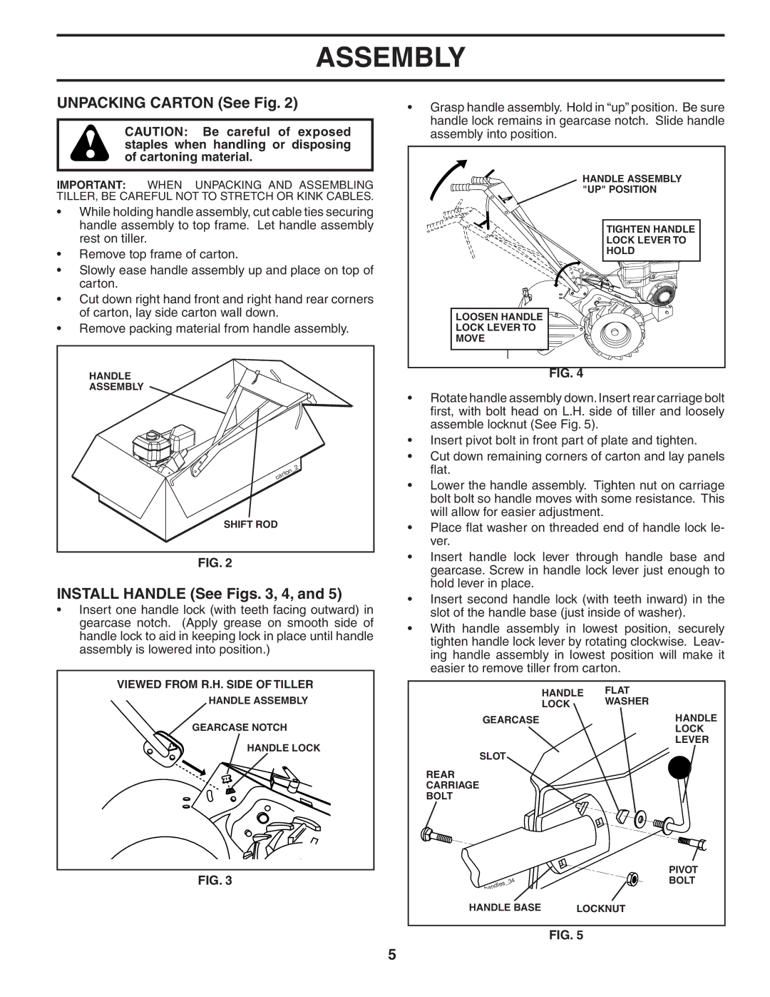 Maxim MXR500 owner manual Unpacking Carton See Fig, Install Handle See Figs , 4 