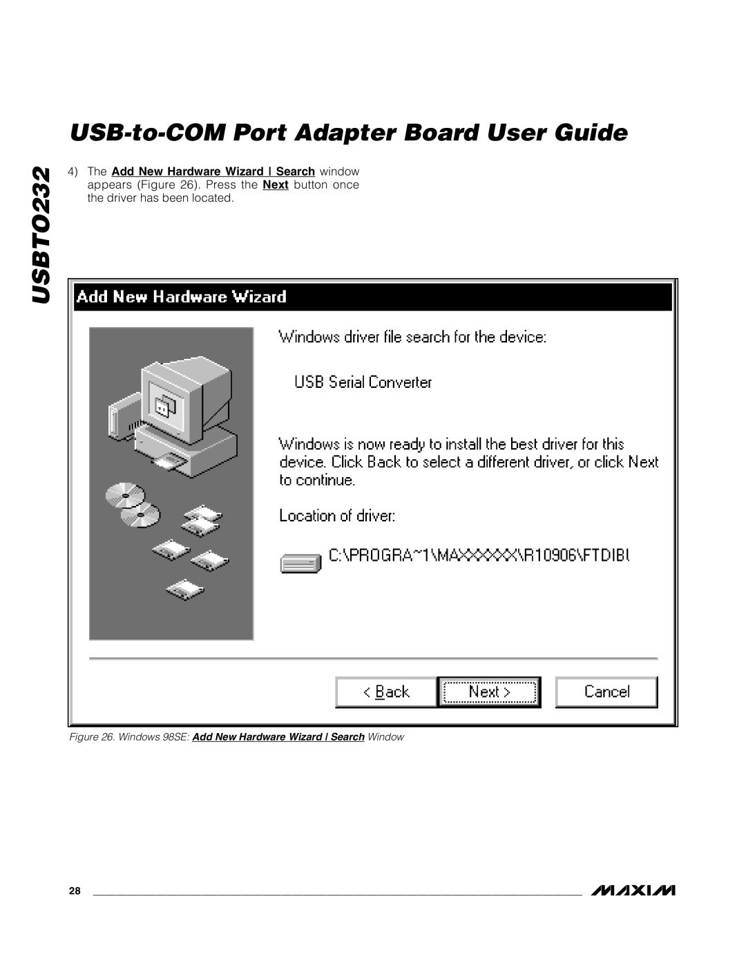Maxim USBTO232 quick start Windows 98SE Add New Hardware Wizard Search Window 