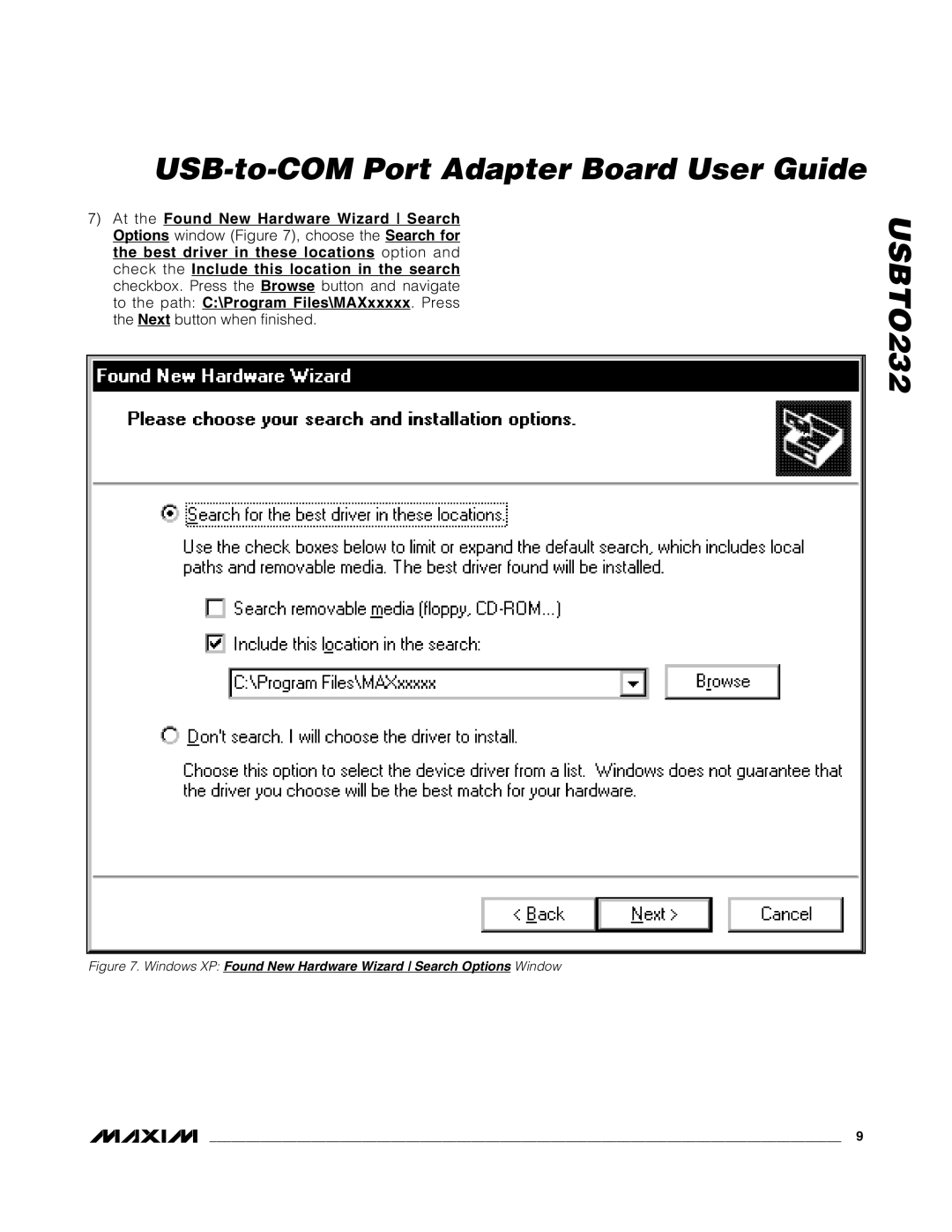 Maxim USBTO232 quick start Windows XP Found New Hardware Wizard Search Options Window 