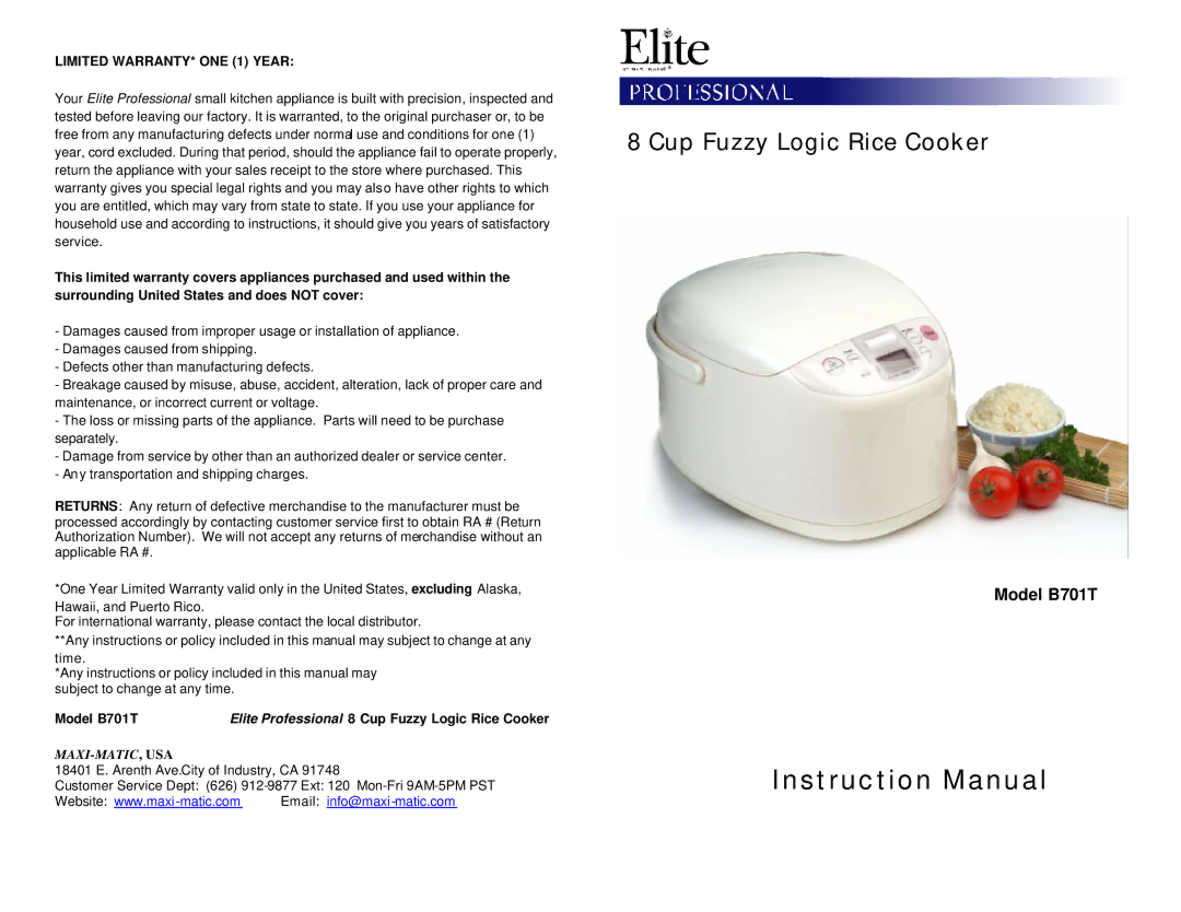 Maximatic B701T instruction manual Cup Fuzzy Logic Rice Cooker 