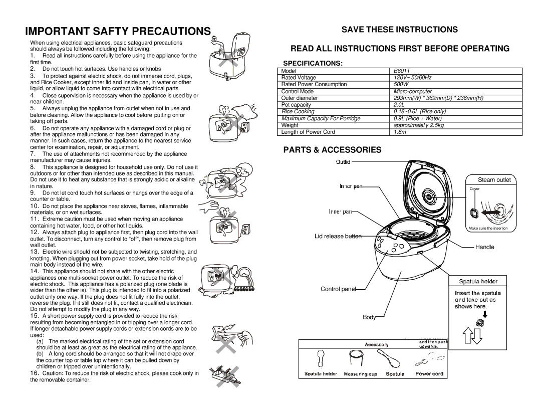 Maximatic B701T instruction manual Read ALL Instructions First Before Operating, Parts & Accessories 