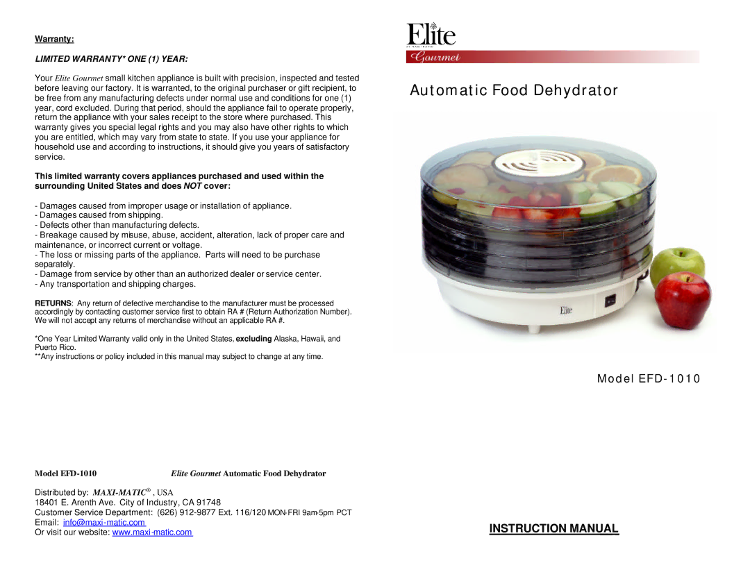 Maximatic EFD-1010 instruction manual Warranty, Limited WARRANTY* ONE 1 Year 