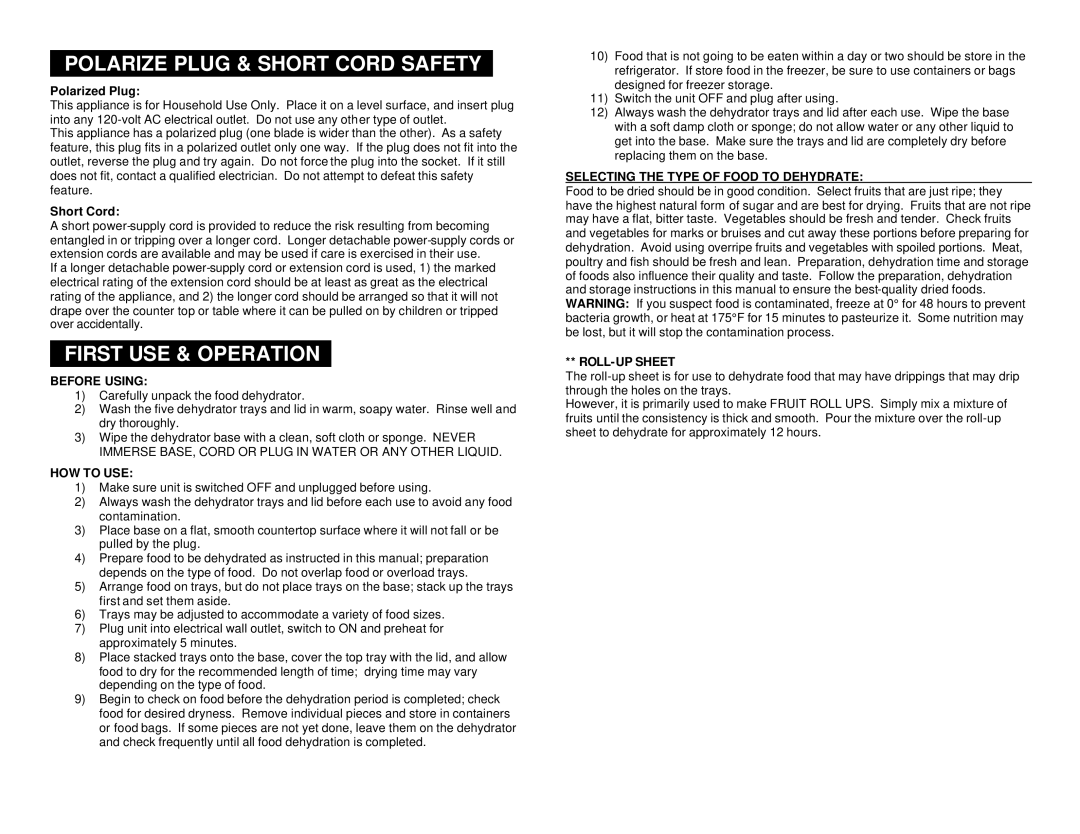 Maximatic EFD-1010 instruction manual Polarize Plug & Short Cord Safety, First USE & Operation 