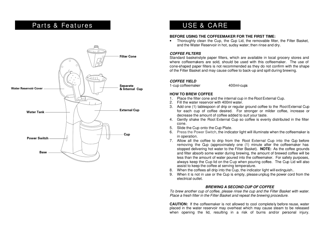 Maximatic EHC-100 … …Parts & Features …… USE & Care ……, Coffee Filters, Coffee Yield, Brewing a Second CUP of Coffee 