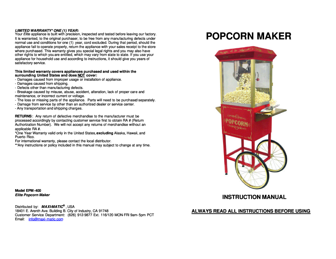 Maximatic EPM-400 instruction manual Always Read All Instructions Before Using, Model EPM, Popcorn Maker 