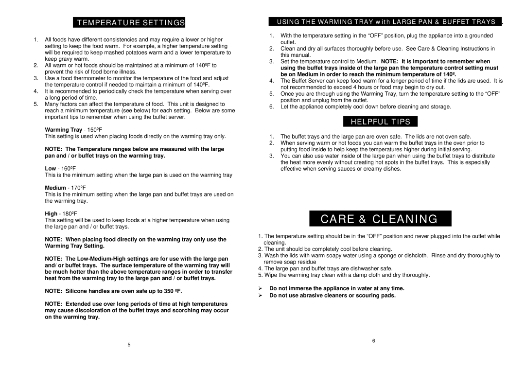 Maximatic EWM-9933 warranty Care & Cleaning, Using the Warming Tray with Large PAN & Buffet TRAYS… 