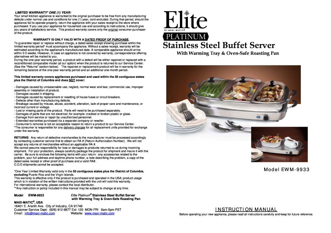 Maximatic warranty Stainless Steel Buffet Server, With Warming Tray & Oven-SafeRoasting Pan, Model EWM-9933 