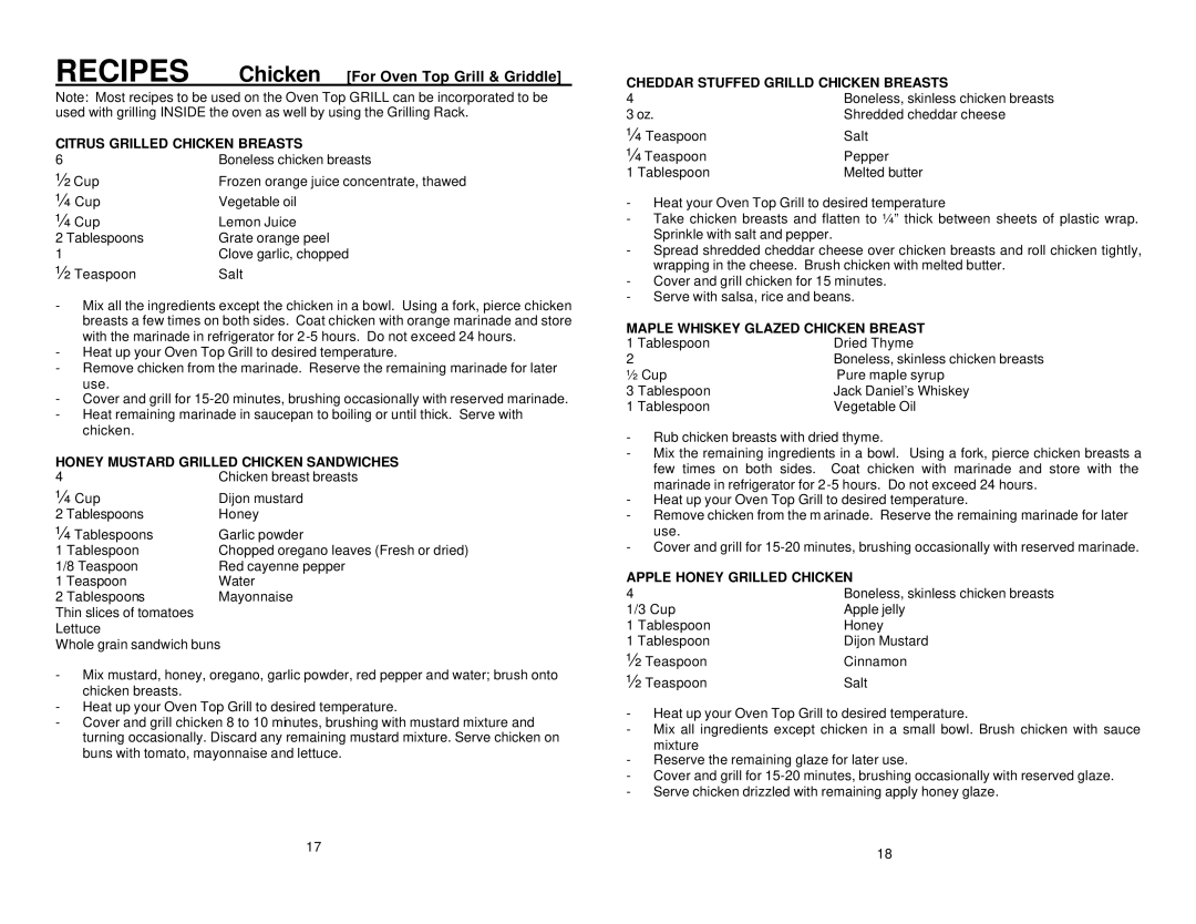 Maximatic RO-2002 instruction manual Recipes Chicken For Oven Top Grill & Griddle 