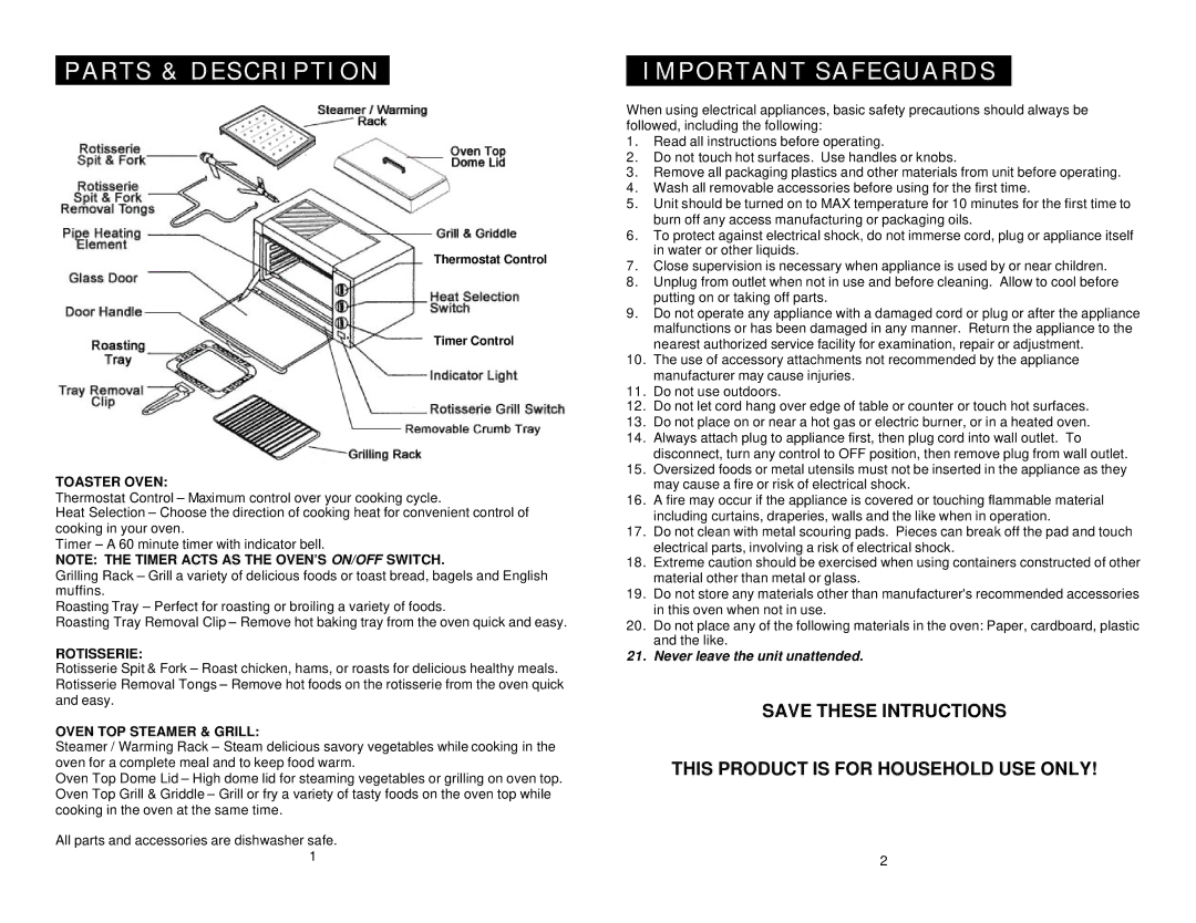Maximatic RO-2002 Parts & Description, Important Safeguards, Toaster Oven, Rotisserie, Oven TOP Steamer & Grill 