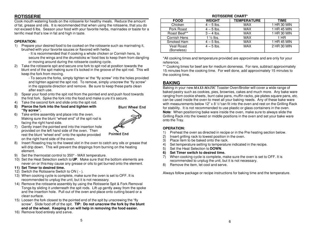 Maximatic RO-2002 instruction manual Baking, Rotisserie Chart Food Weight Temperature Time 