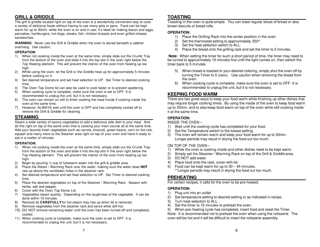 Maximatic RO-2002 instruction manual Grill & Griddle, Steaming, Toasting, Keeping Food Warm, Preheating 