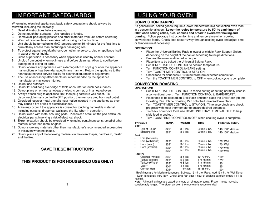 Maximatic RO-2010X warranty Convection Baking, Convection Roasting, Operation, TYPE/CUT Temp Weight Time Finished Temp 